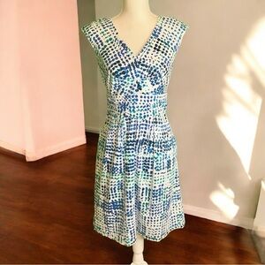 Calvin Klein White & Blue Watercolor Abstract Polka Dot Ruched Bust Dress Size 4
